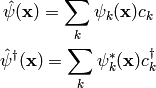 \hat\psi({\bf x}) = \sum_k \psi_k({\bf x}) c_k

\hat\psi^\dag({\bf x}) = \sum_k \psi_k^*({\bf x}) c_k^\dag