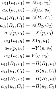 a_{11}(u_1, v_1) &= A(u_1, v_1)\\
a_{22}(u_2, v_2) &= A(u_2, v_2)\\
a_{44}(B_1, C_1) &= A(B_1, C_1)\\
a_{55}(B_2, C_1) &= A(B_2, C_2)\\
a_{13}(p, v_1) &= -X(p, v_1)\\
a_{31}(u_1, q) &= X(q, u_1)\\
a_{23}(p, v_2) &= -Y(p, v_2)\\
a_{32}(u_2, q) &= Y(q, u_2)\\
a_{14}(B_1, v_1) &= -B(B_1, v_1)\\
a_{41}(u_1, C_1) &= -B(u_1, C_1)\\
a_{25}(B_2, v_2) &= -B(B_2, v_2)\\
a_{52}(u_2, C_2) &= -B(u_2, C_2)